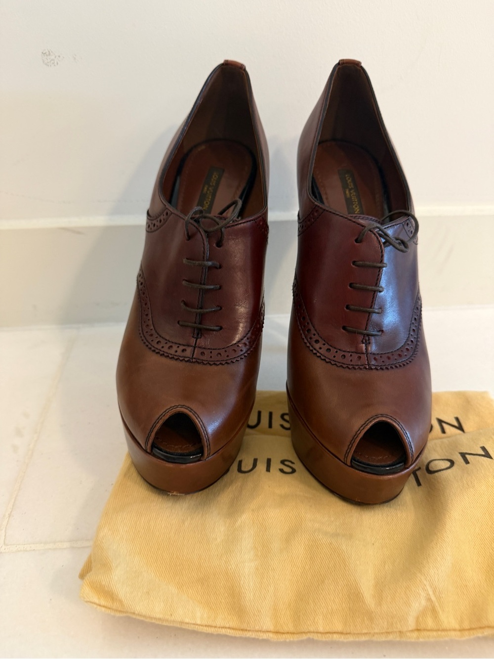 Louis Vuitton Brown Leather Peep-Toe Lace-Up Pumps - Picture 8 of 11